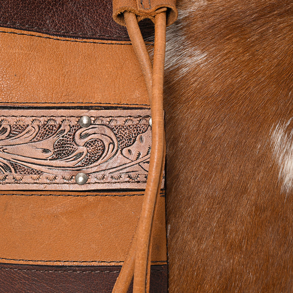 ADBG1324 American Darling Western Leather Bucket Bag with Hair-On Cowhide Patches & Tooled Leather Accent
