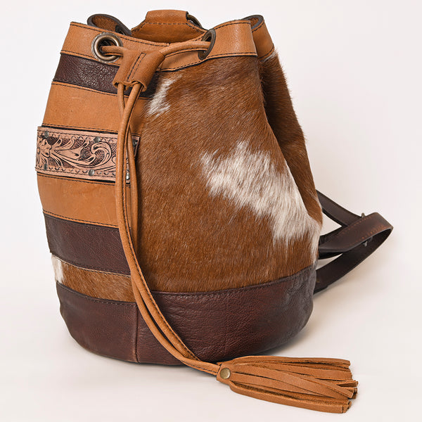ADBG1324 American Darling Western Leather Bucket Bag with Hair-On Cowhide Patches & Tooled Leather Accent