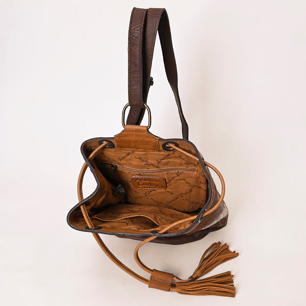 ADBG1324 American Darling Western Leather Bucket Bag with Hair-On Cowhide Patches & Tooled Leather Accent