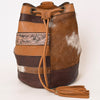 ADBG1324 American Darling Western Leather Bucket Bag with Hair-On Cowhide Patches & Tooled Leather Accent