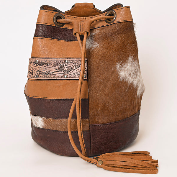 ADBG1324 American Darling Western Leather Bucket Bag with Hair-On Cowhide Patches & Tooled Leather Accent