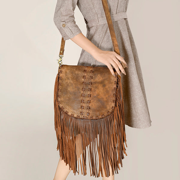 ADBGA495 American Darling Western Leather Messenger Bag with Fringes Full Grain