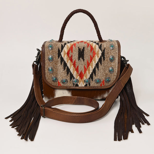 ADBG1388 American Darling Western Leather Small Crossbody Bag with Hair-On Cowhide and Fringes