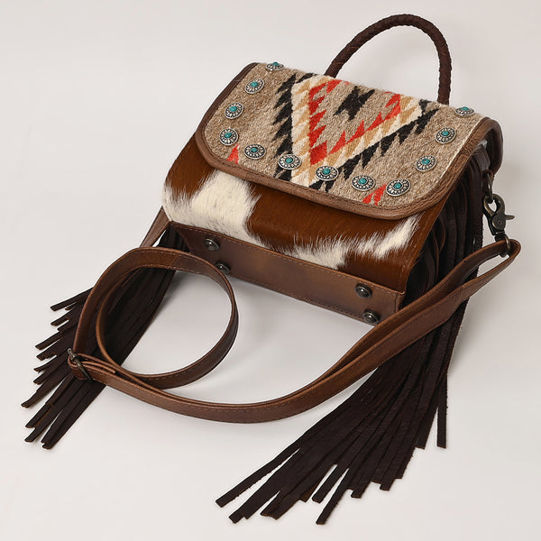 ADBG1388 American Darling Western Leather Small Crossbody Bag with Hair-On Cowhide and Fringes