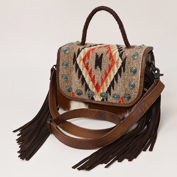 ADBG1388 American Darling Western Leather Small Crossbody Bag with Hair-On Cowhide and Fringes