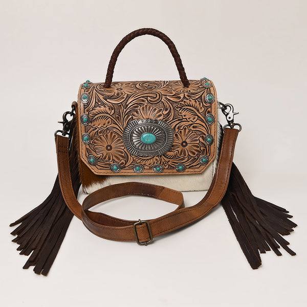 ADBG1388 American Darling Western Leather Small Crossbody Bag with Hair-On Cowhide and Tooled Flap