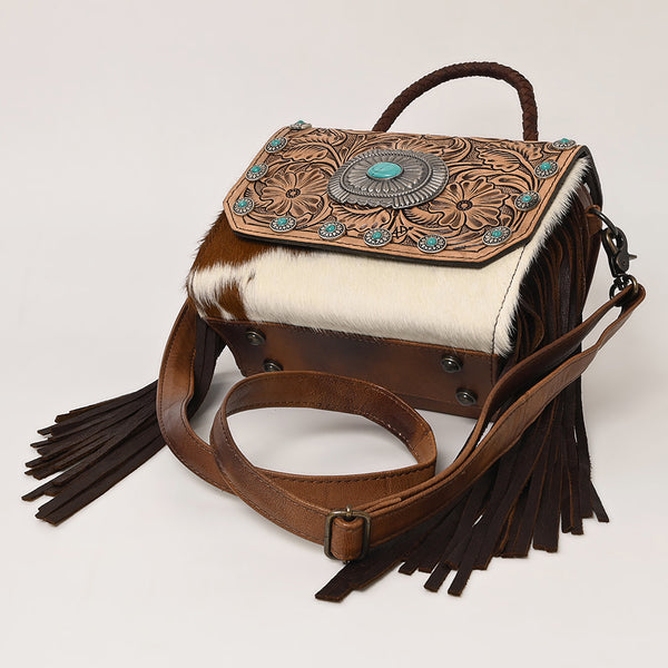 ADBG1388 American Darling Western Leather Small Crossbody Bag with Hair-On Cowhide and Tooled Flap