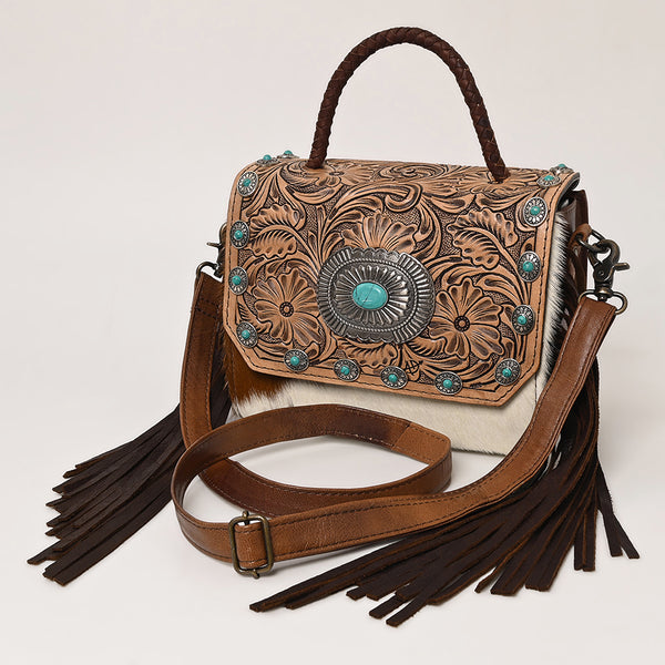 ADBG1388 American Darling Western Leather Small Crossbody Bag with Hair-On Cowhide and Tooled Flap