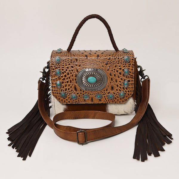 ADBG1388 American Darling Western Leather Small Crossbody Bag with Hair-On Cowhide & Embossed Concho Detail