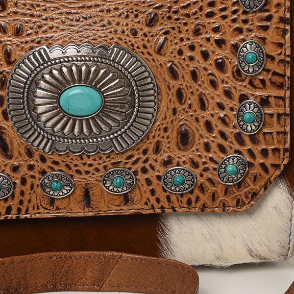 ADBG1388 American Darling Western Leather Small Crossbody Bag with Hair-On Cowhide & Embossed Concho Detail