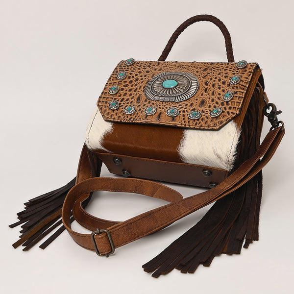 ADBG1388 American Darling Western Leather Small Crossbody Bag with Hair-On Cowhide & Embossed Concho Detail