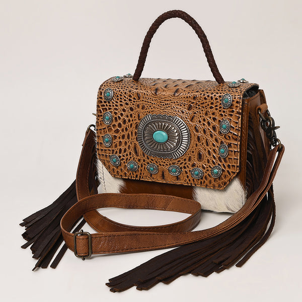 ADBG1388 American Darling Western Leather Small Crossbody Bag with Hair-On Cowhide & Embossed Concho Detail