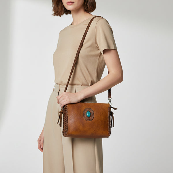 ADBGM335 Leather Crossbody Bag with Turquoise Concho & Braided Strap - Handmade Western Purse