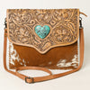 ADBG1389 American Darling Western Leather Crossbody with Hair-On Cowhide & Hand-Tooled Floral Detail