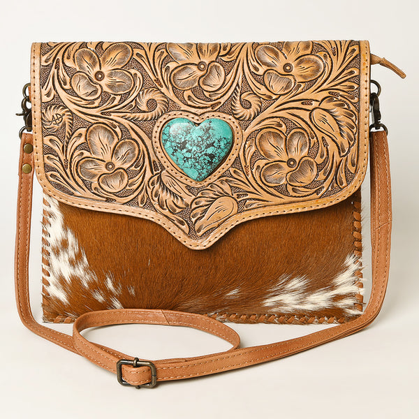 ADBG1389 American Darling Western Leather Crossbody with Hair-On Cowhide & Hand-Tooled Floral Detail