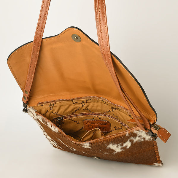 ADBG1389 American Darling Western Leather Crossbody with Hair-On Cowhide & Hand-Tooled Floral Detail