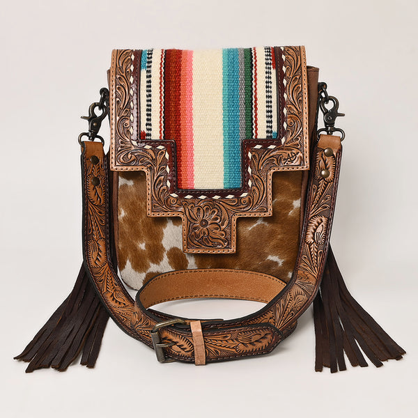 ADBG856 American Darling Hand Tooled Floral & Cowhide Messenger Bag with Saddle Blanket