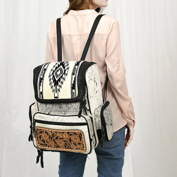 ADBG860 American Darling Western Wool & Cowhide Backpack with Tooled Leather Accent Pocket