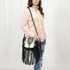 ADBG1392 American Darling Western Leather Crossbody Bag with Fringe & Hand Woven Saddle Blanket Panel