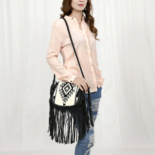 ADBG1392 American Darling Western Leather Crossbody Bag with Fringe & Hand Woven Saddle Blanket Panel