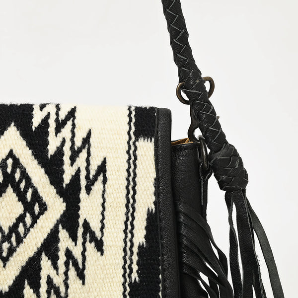 ADBG1392 American Darling Western Leather Crossbody Bag with Fringe & Hand Woven Saddle Blanket Panel