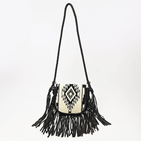 ADBG1392 American Darling Western Leather Crossbody Bag with Fringe & Hand Woven Saddle Blanket Panel