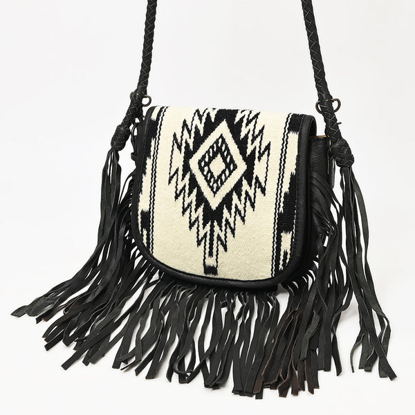 ADBG1392 American Darling Western Leather Crossbody Bag with Fringe & Hand Woven Saddle Blanket Panel