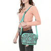 LC-ADBGZ786B Hand-Tooled Turquoise Leather Crossbody Bag - Compact Western Floral Design