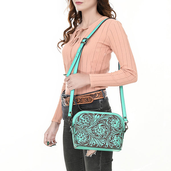 LC-ADBGZ786B Hand-Tooled Turquoise Leather Crossbody Bag - Compact Western Floral Design