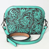 LC-ADBGZ786B Hand-Tooled Turquoise Leather Crossbody Bag - Compact Western Floral Design