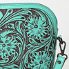 LC-ADBGZ786B Hand-Tooled Turquoise Leather Crossbody Bag - Compact Western Floral Design