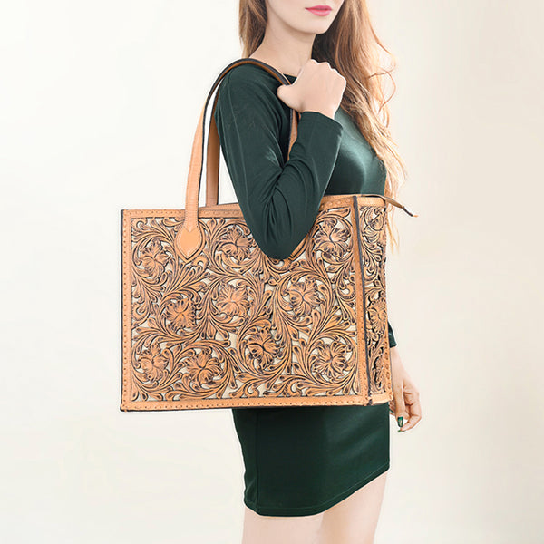 ADBGZ787 Large Hand-Tooled Leather Tote Bag - Full Floral Western Design