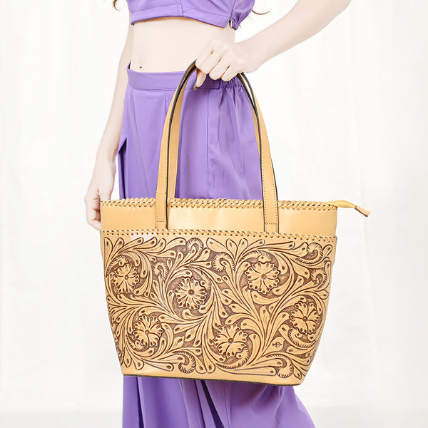ADBGZ789 Hand-Tooled Leather Tote Bag - Western Floral Design