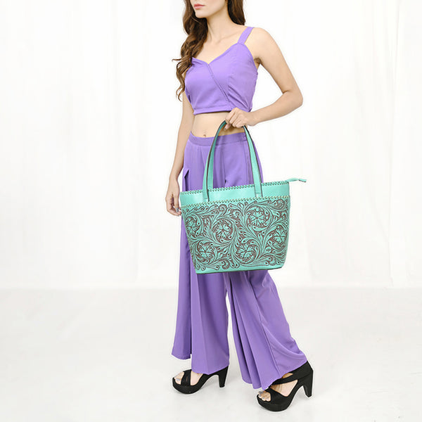 ADBGZ789 Hand-Tooled Leather Tote Bag - Western Floral Design
