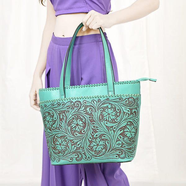 ADBGZ789 Hand-Tooled Leather Tote Bag - Western Floral Design