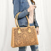 ADBGZ793 Hand-Tooled Western Leather Tote Bag - Floral Carving with Whipstitch Edges