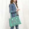 ADBGZ793 Hand-Tooled Western Leather Tote Bag - Floral Carving with Whipstitch Edges