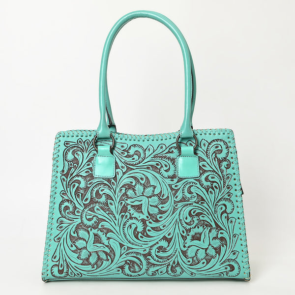 ADBGZ793 Hand-Tooled Western Leather Tote Bag - Floral Carving with Whipstitch Edges