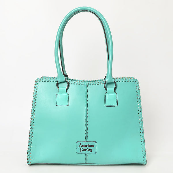 ADBGZ793 Hand-Tooled Western Leather Tote Bag - Floral Carving with Whipstitch Edges