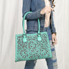 ADBGZ793 Hand-Tooled Western Leather Tote Bag - Floral Carving with Whipstitch Edges