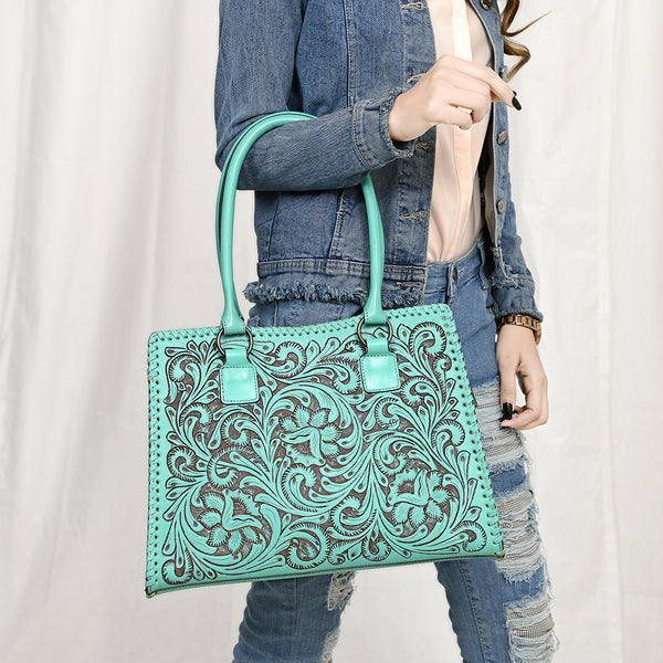 ADBGZ793 Hand-Tooled Western Leather Tote Bag - Floral Carving with Whipstitch Edges