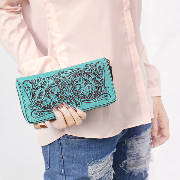 ADBGZ798 Hand-Tooled Genuine Leather Western Organiser - Floral Carving