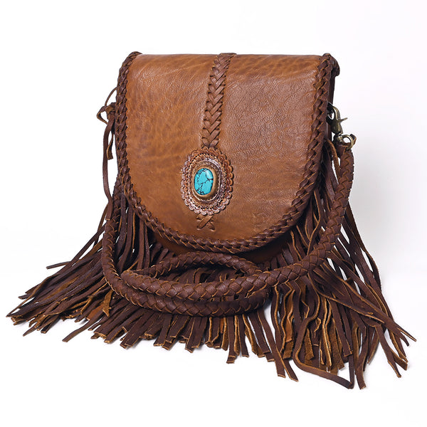 ADBGM262 Braided Fringe Messenger Bag - Genuine Leather with Turquoise Concho