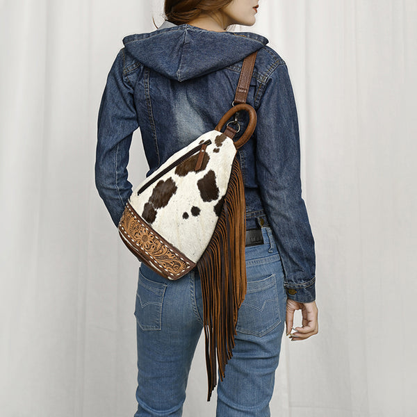 ADBG1401 American Darling Western Cowhide Leather Sling Bag with Hand-Tooled Details and Fringe
