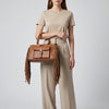 ADBGM370 Tan Leather Fringe Handbag with Braided Handles & Front Buckle Pocket - Western Satchel Purse