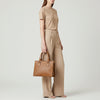 ADBGM371 Tan Structured Leather Tote Bag - Western Minimalist Handbag with Stitched Corner Accents