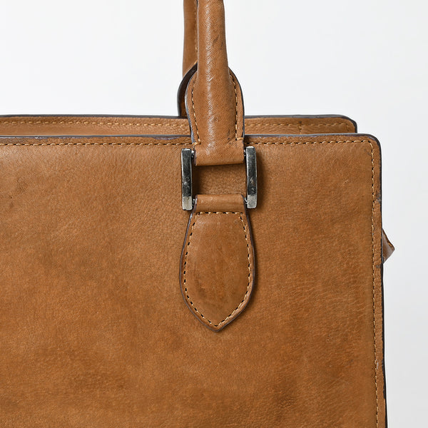 ADBGM371 Tan Structured Leather Tote Bag - Western Minimalist Handbag with Stitched Corner Accents