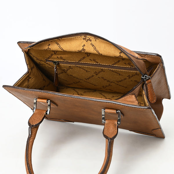 ADBGM371 Tan Structured Leather Tote Bag - Western Minimalist Handbag with Stitched Corner Accents