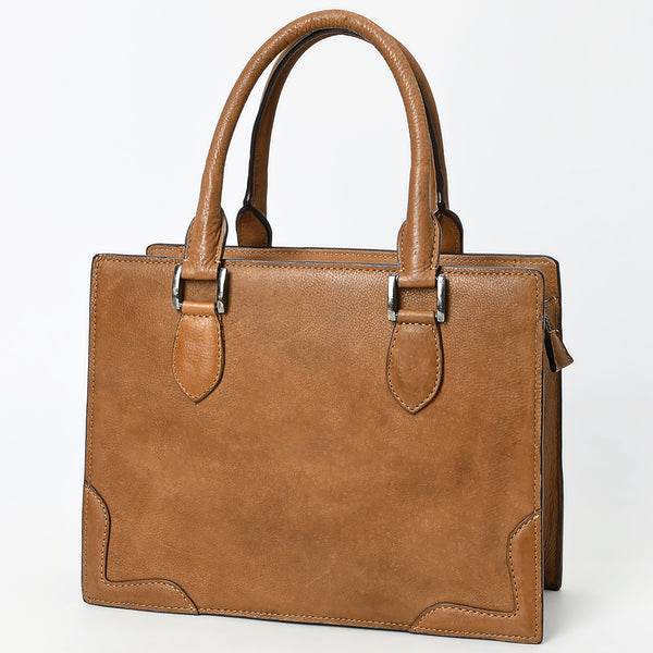 ADBGM371 Tan Structured Leather Tote Bag - Western Minimalist Handbag with Stitched Corner Accents