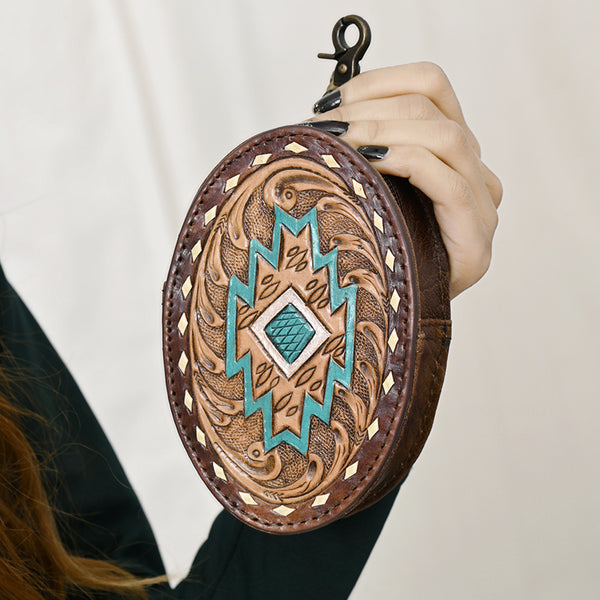 ADBG1411 American Darling Western Genuine Leather Hand-Tooled Wristlet Bag with Buckstitch Detailing